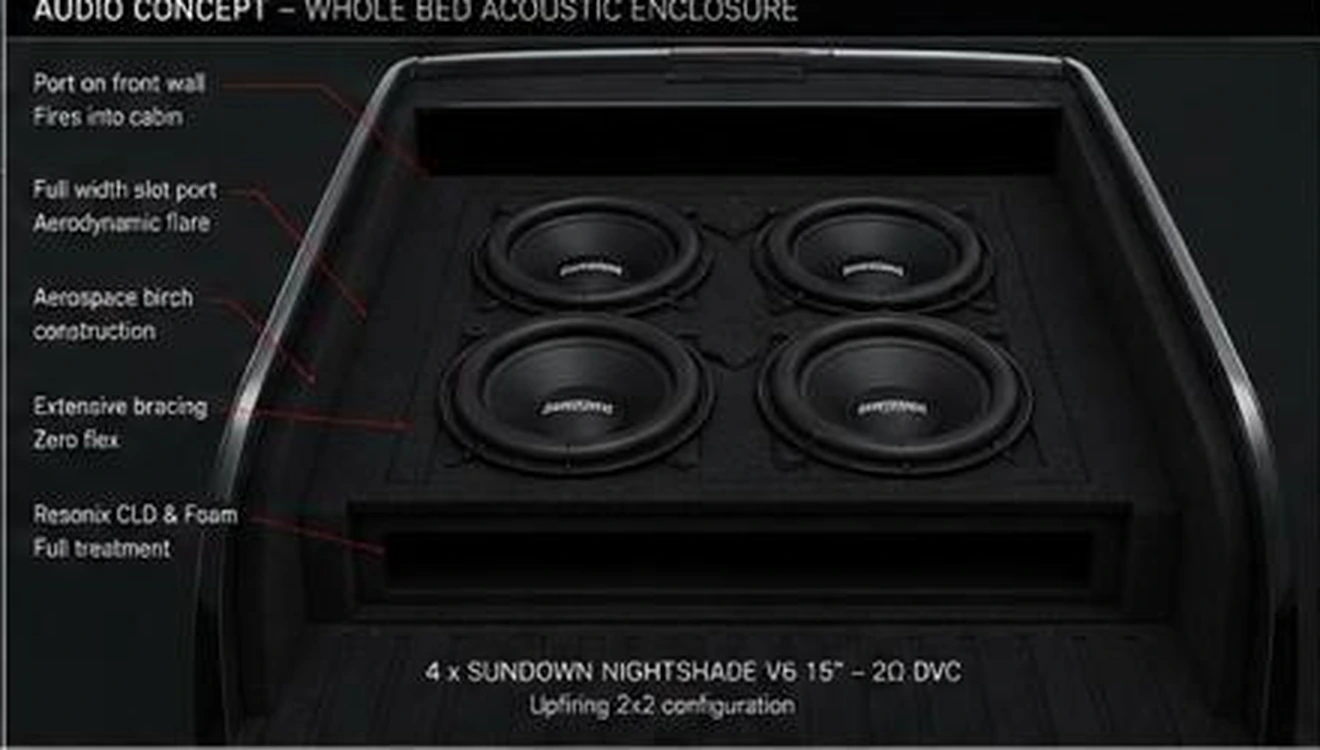 Whole-bed enclosure concept with four up-firing subwoofers